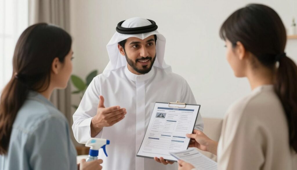 عميل يتحدث مع ممثل شركة تنظيف بالرياض لمناقشة خدمات التنظيف