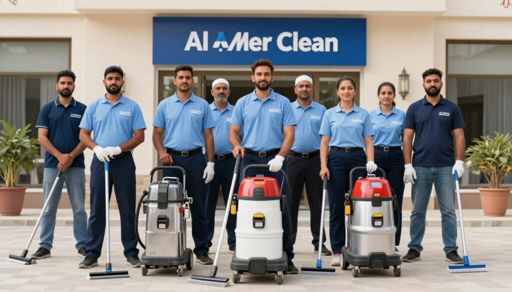 فريق عمل شركة العامر كلين للتنظيف بالرياض مع معدات متطورة